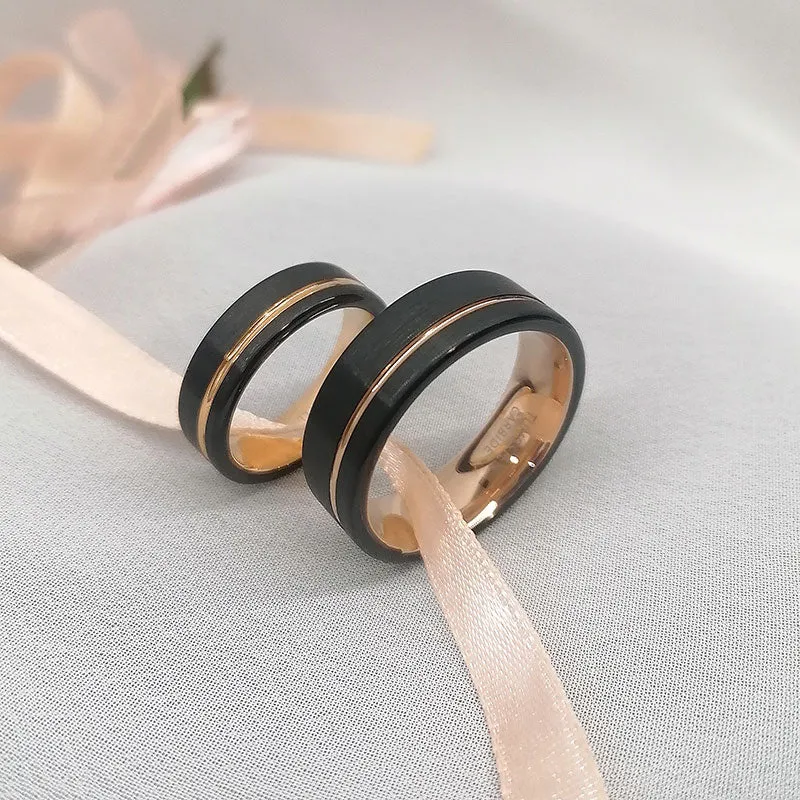 Rose Gold Inlay Black Tungsten Wedding Ring Set