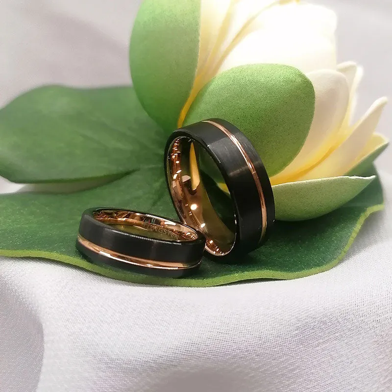 Rose Gold Inlay Black Tungsten Wedding Ring Set