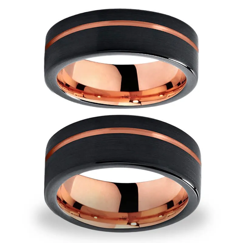 Rose Gold Inlay Black Tungsten Wedding Ring Set