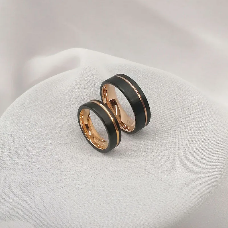 Rose Gold Inlay Black Tungsten Wedding Ring Set