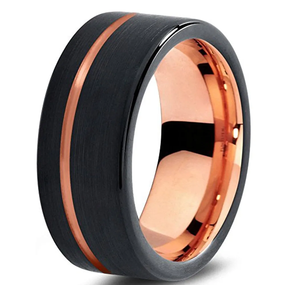 Rose Gold Inlay Black Tungsten Wedding Ring Set