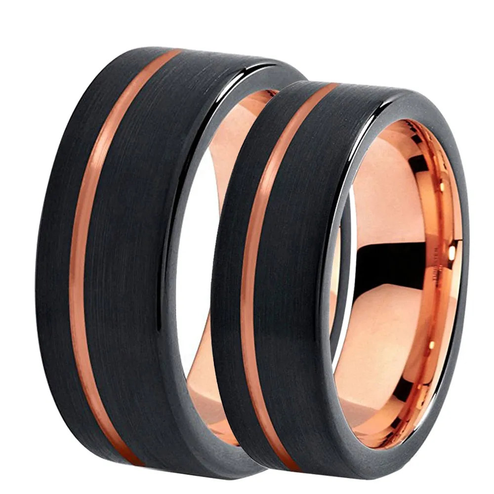 Rose Gold Inlay Black Tungsten Wedding Ring Set