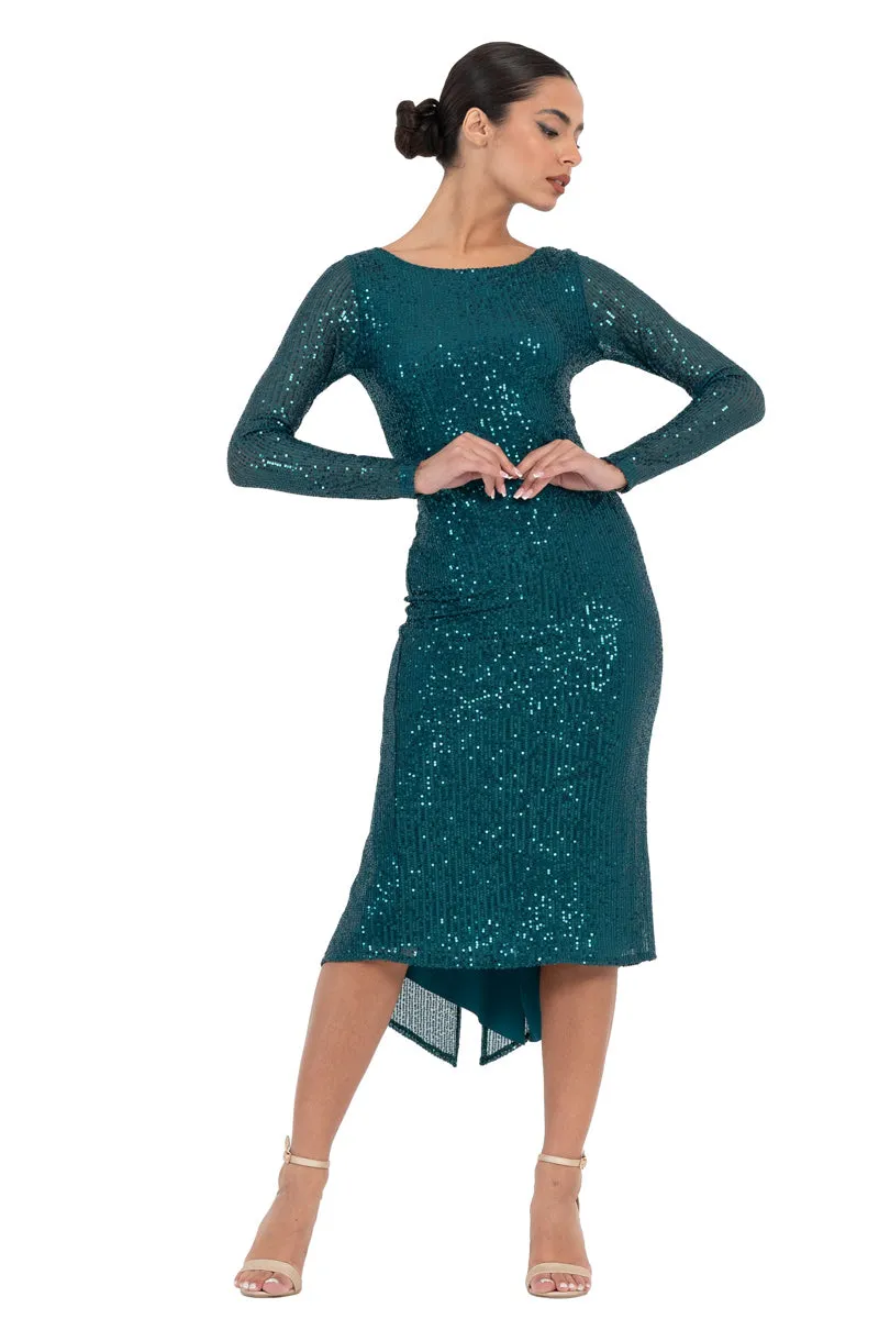 Sequinned Dress With Keyhole Tie Back & Long Sleeves