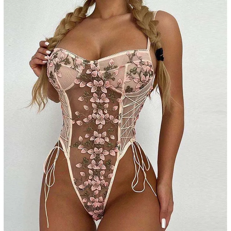 Sexy Sleeveless Lace Flower Printed Bodysuit