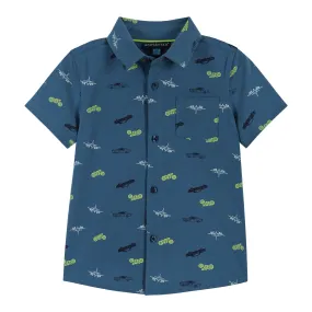 Short Sleeve Knit Buttondown Shirt | Vehicles Print | Blue