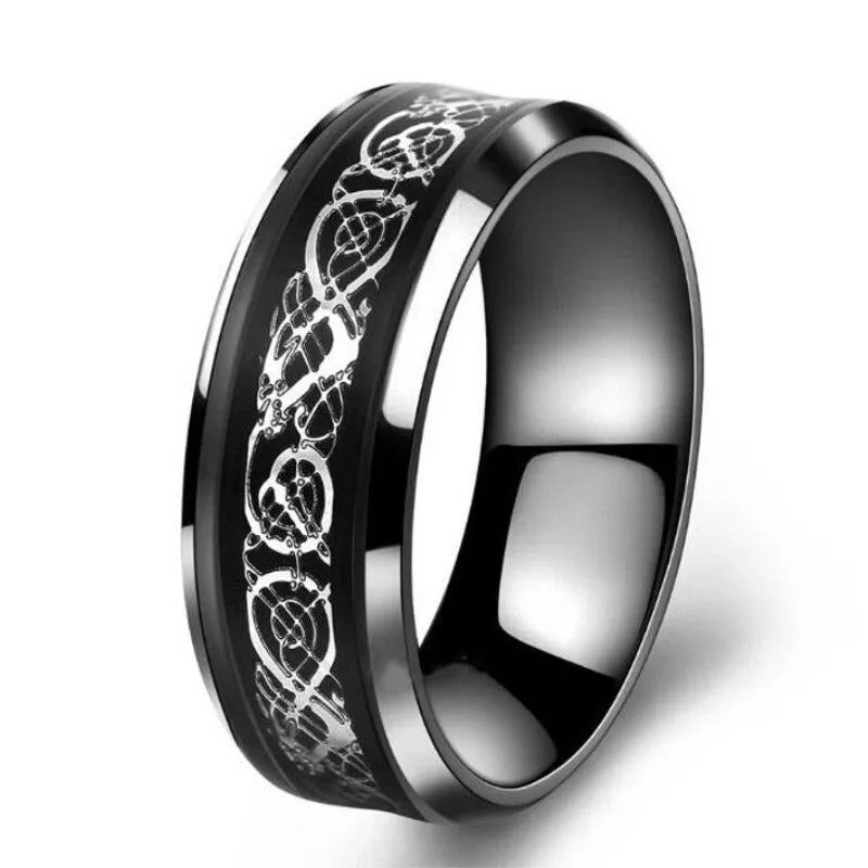 Silver Celtic Dragon Inlay and Black Cubic Zirconia Stainless Steel Wedding Ring Set