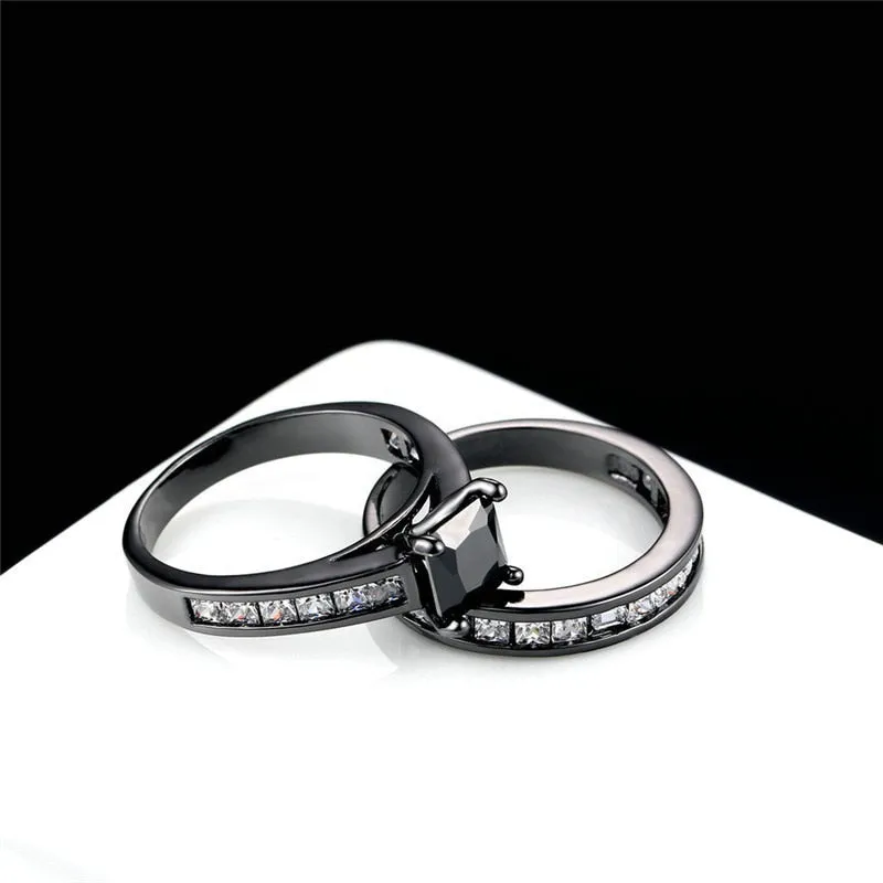 Silver Celtic Dragon Inlay and Black Rhinestone Stainless Steel Wedding Ring Set