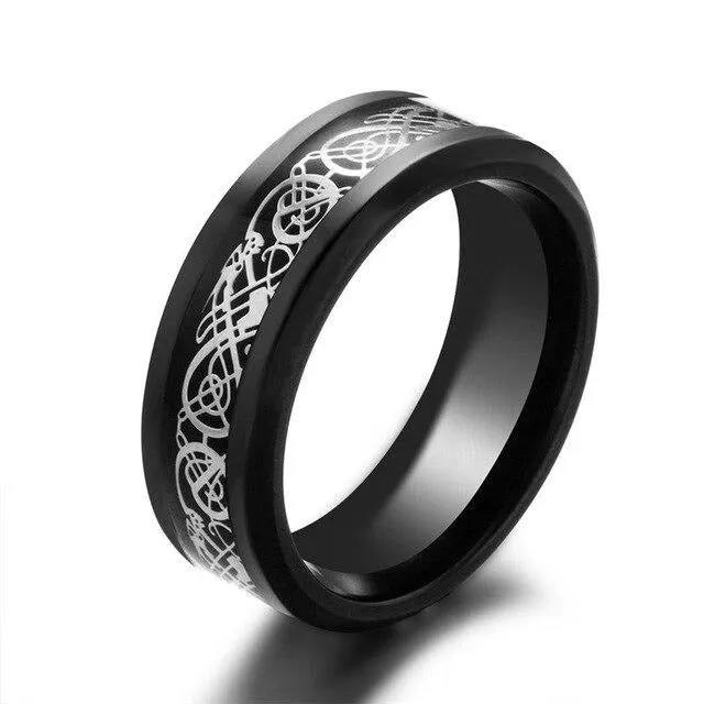 Silver Celtic Dragon Inlay and Black Rhinestone Stainless Steel Wedding Ring Set