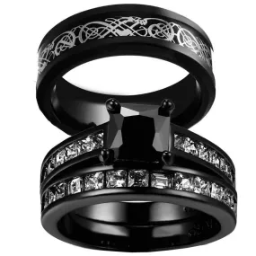 Silver Celtic Dragon Inlay and Black Rhinestone Stainless Steel Wedding Ring Set