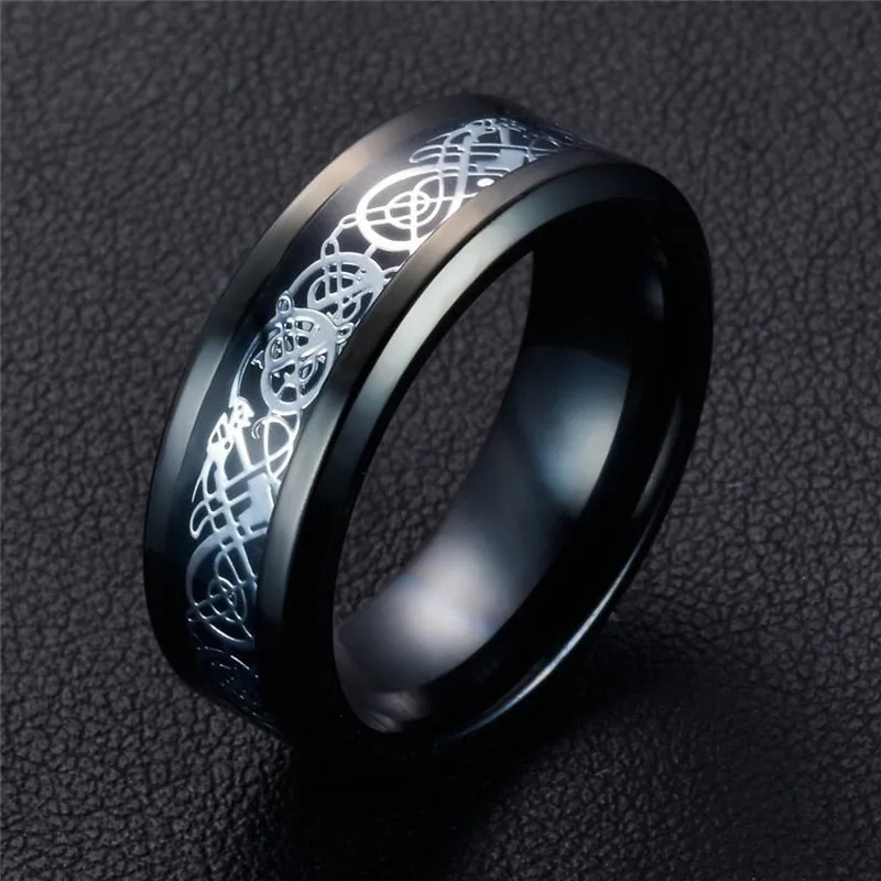 Silver Celtic Dragon Inlay and Black Rhinestone Stainless Steel Wedding Ring Set