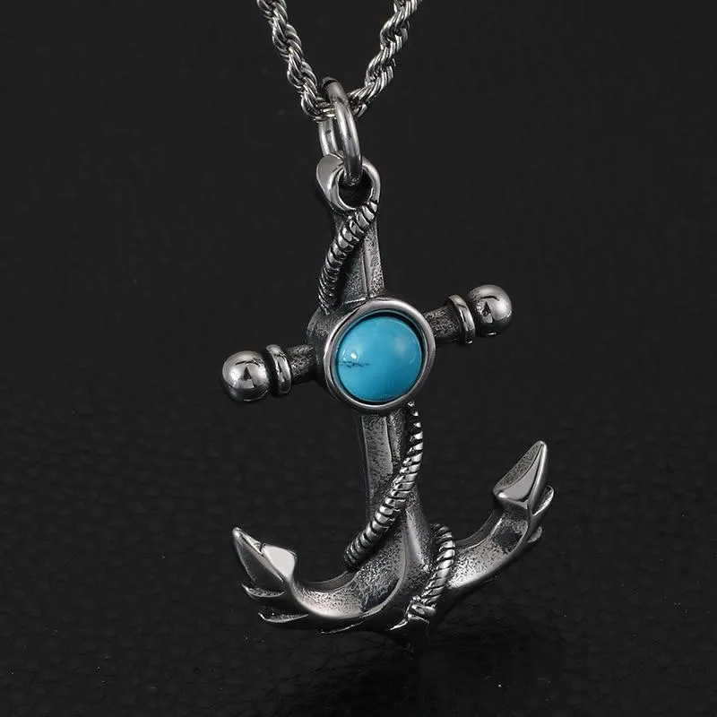 Silver Chain Necklace and Anchor Pendant with Stone Center Necklace