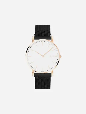 Solar Watch with White & Rose Gold Dial  | Black Mesh Strap