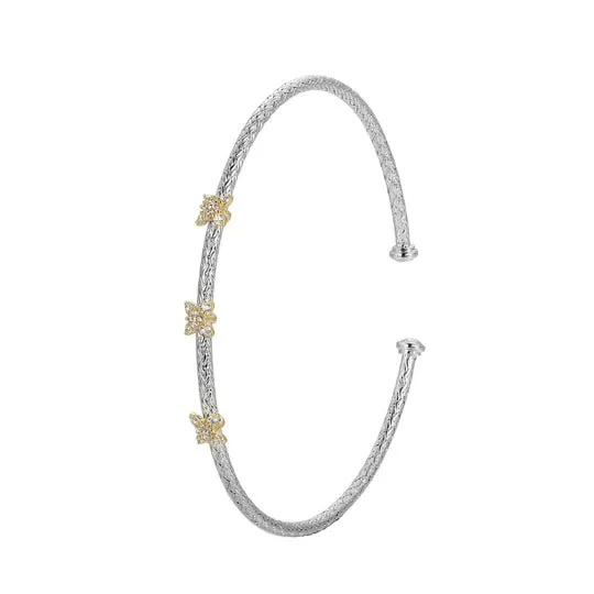 SS Two-Tone CZ Flower Station Bangle Bracelet