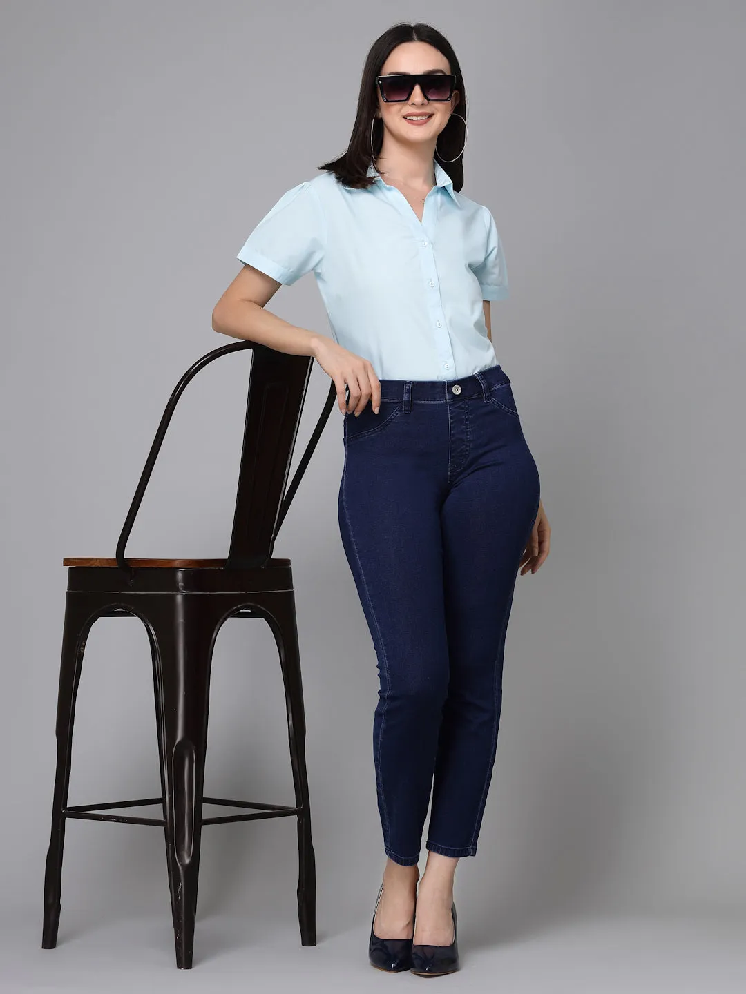 Style Quotient Women Light Blue Cotton Blend Formal Short Sleeve Shirt