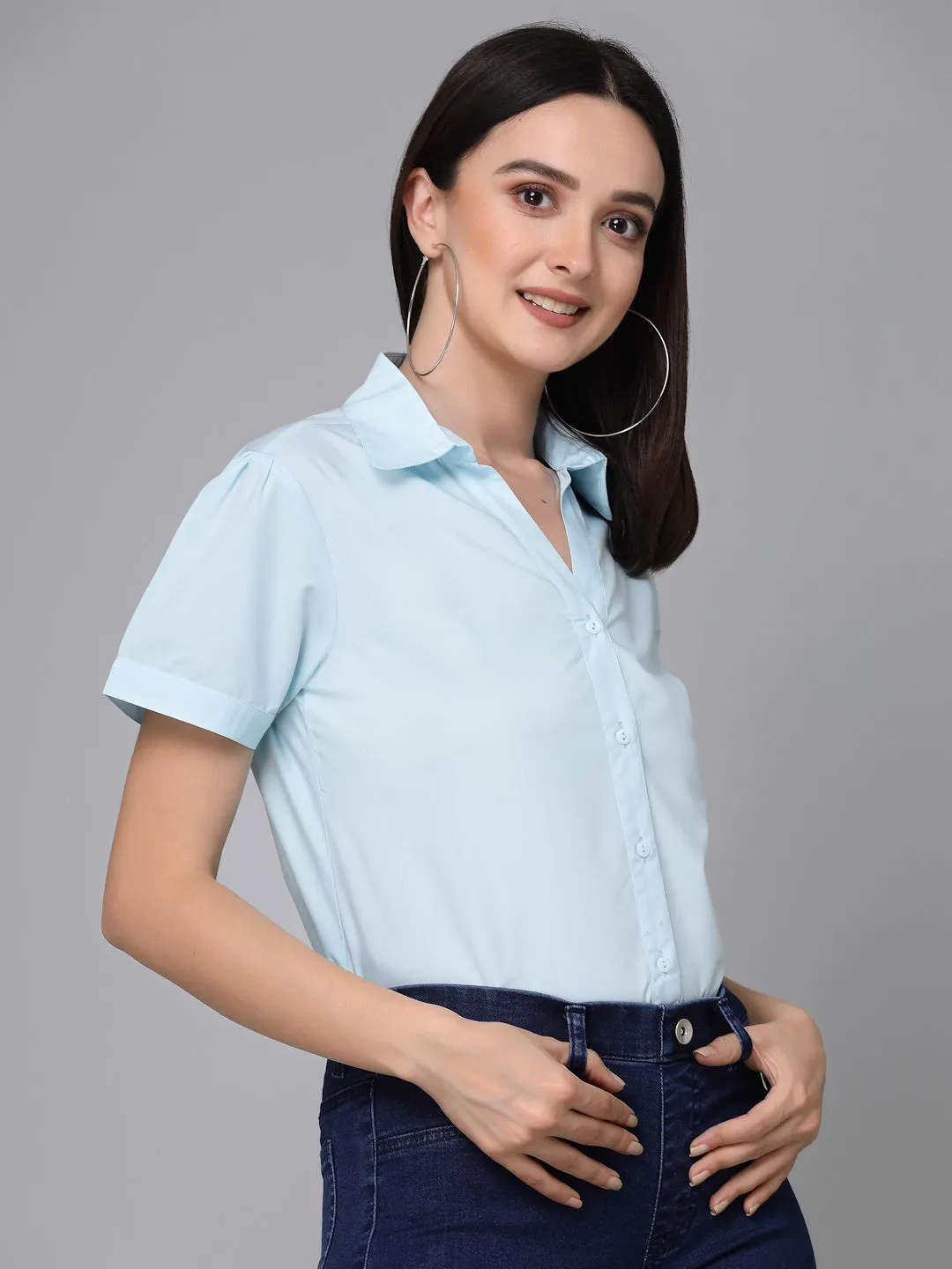 Style Quotient Women Light Blue Cotton Blend Formal Short Sleeve Shirt