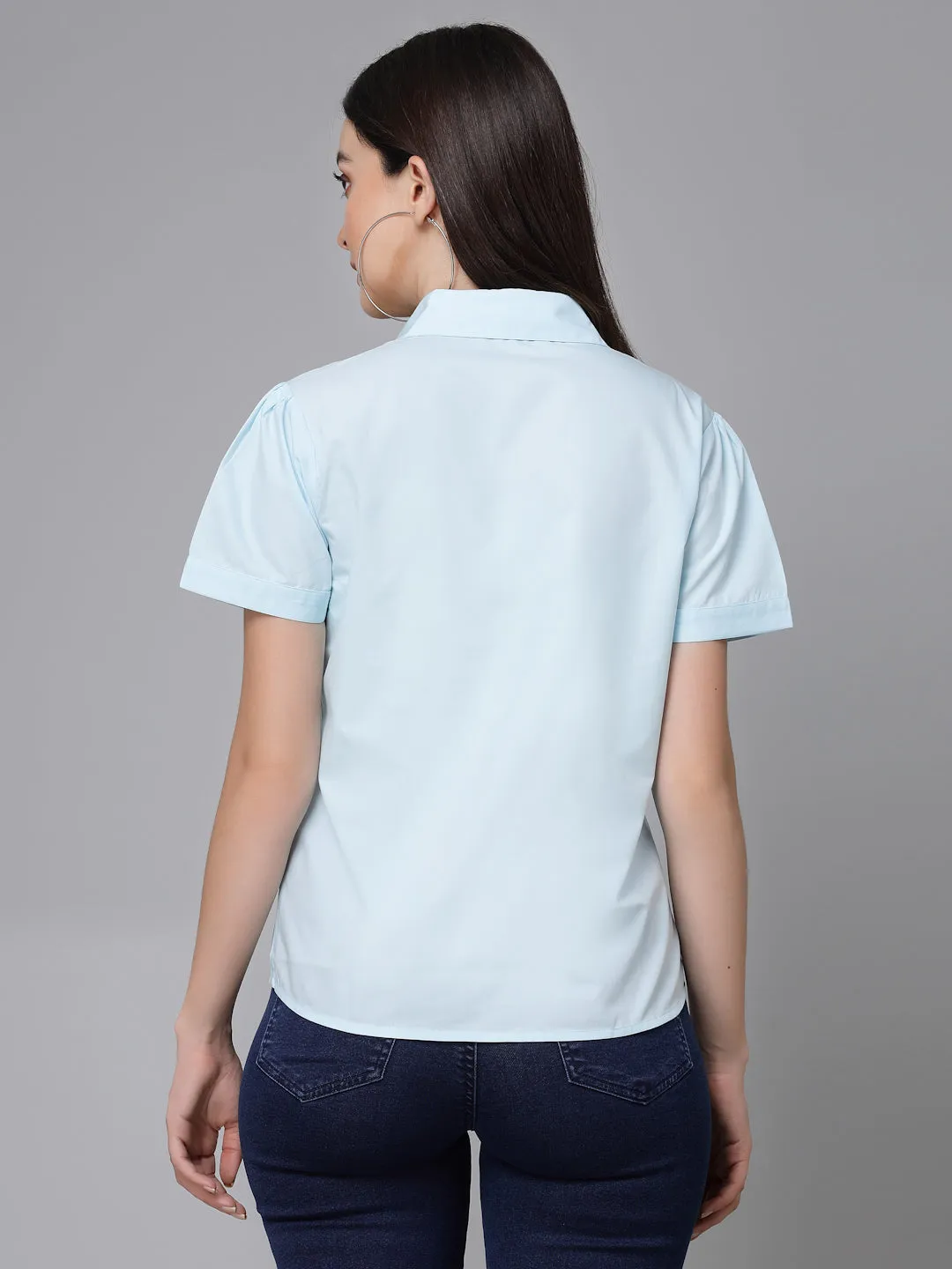 Style Quotient Women Light Blue Cotton Blend Formal Short Sleeve Shirt