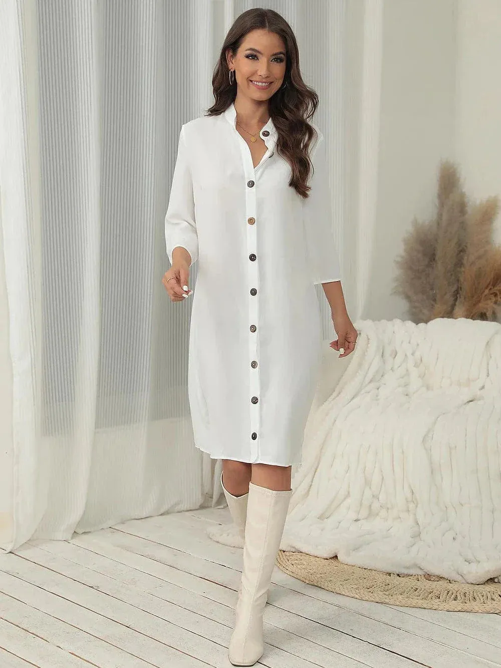 Stylish Women's Cotton Linen Midi Dress with Button-Up Shirt Collar and Half Sleeves