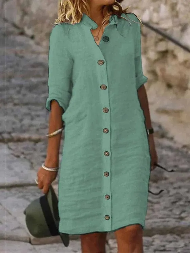 Stylish Women's Cotton Linen Midi Dress with Button-Up Shirt Collar and Half Sleeves