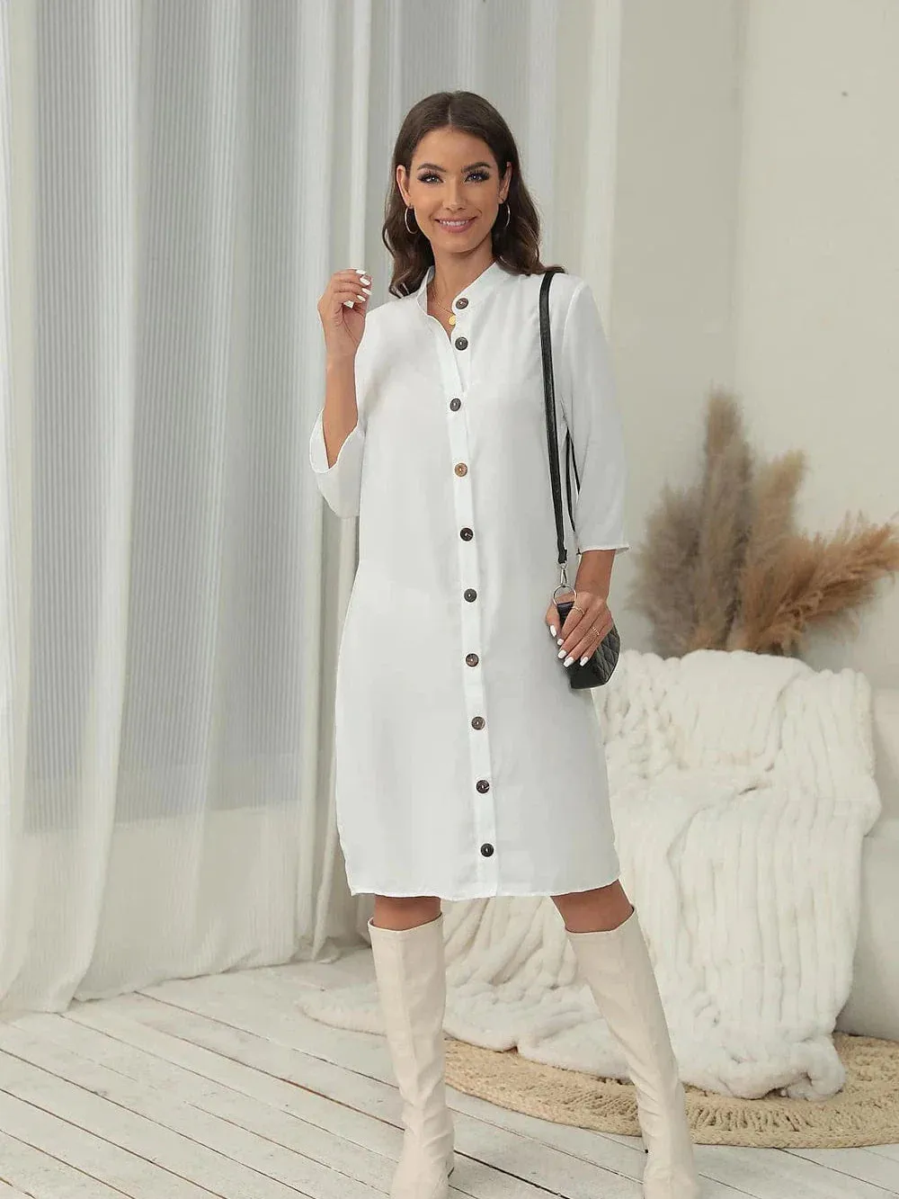 Stylish Women's Cotton Linen Midi Dress with Button-Up Shirt Collar and Half Sleeves