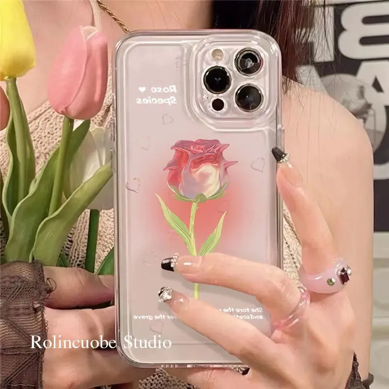 Sweet Rose Flower Phone Case Cover for iphone 14 13 Pro Max 12 11 XR XSMax Clear Shockproof Protective Cases W356