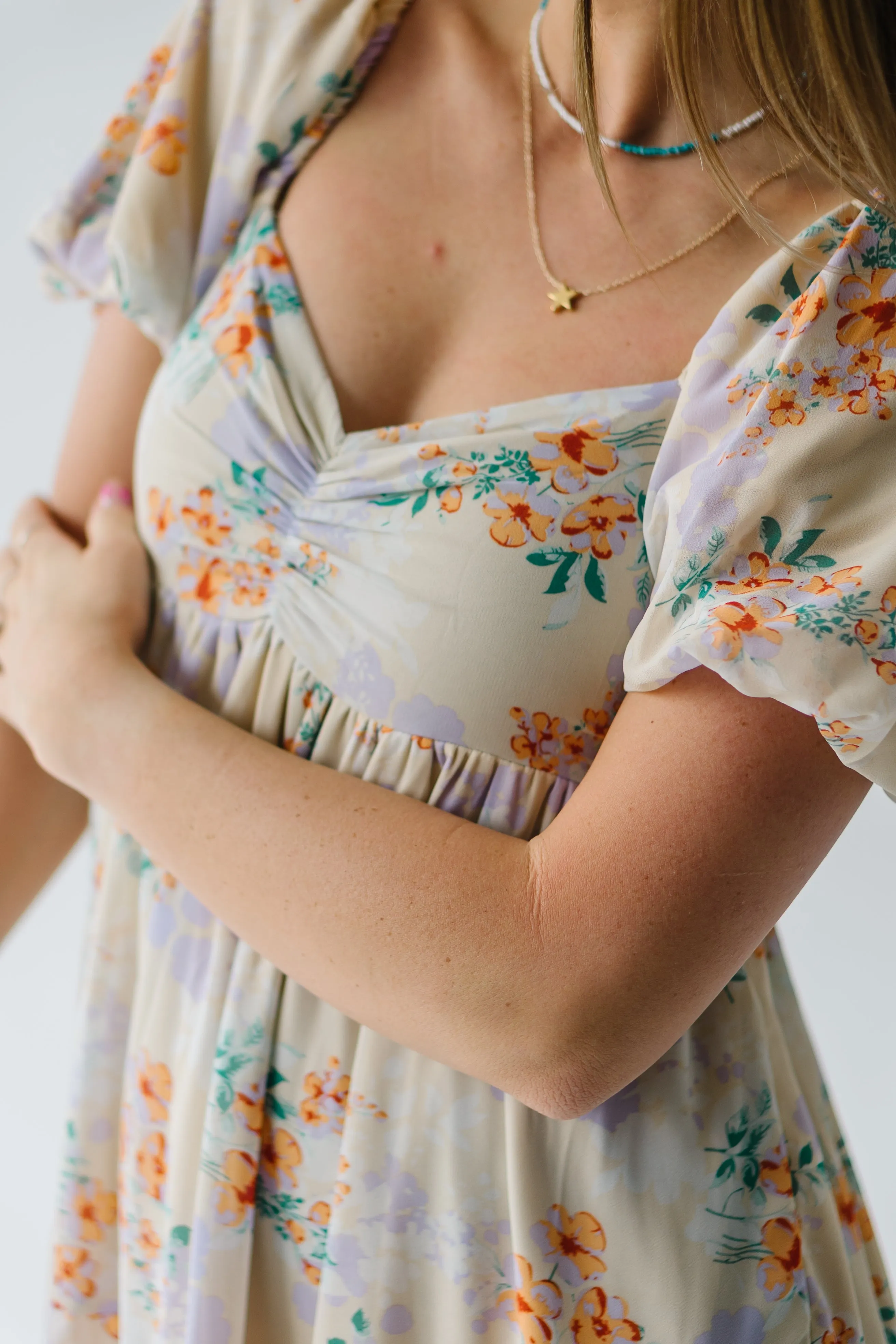 The Almira Puff Sleeve Midi Dress in Cream Floral