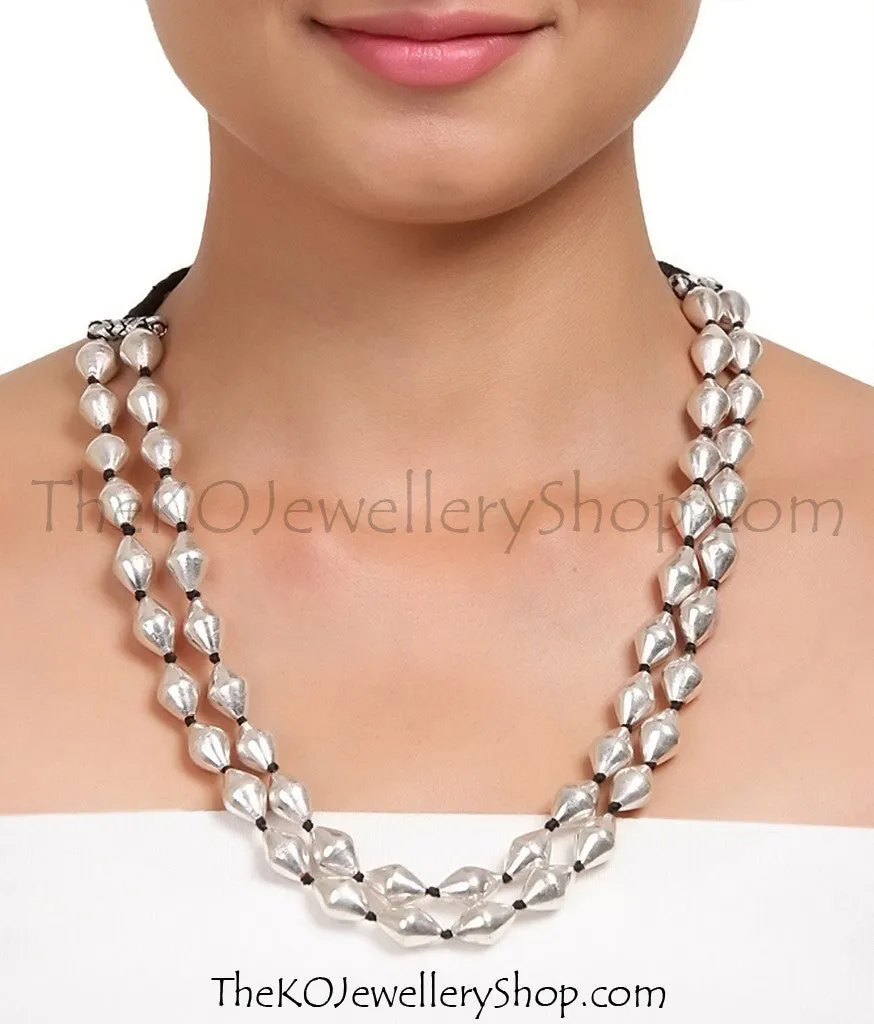 The Silver Dholki Beads Necklace(2 line-short)