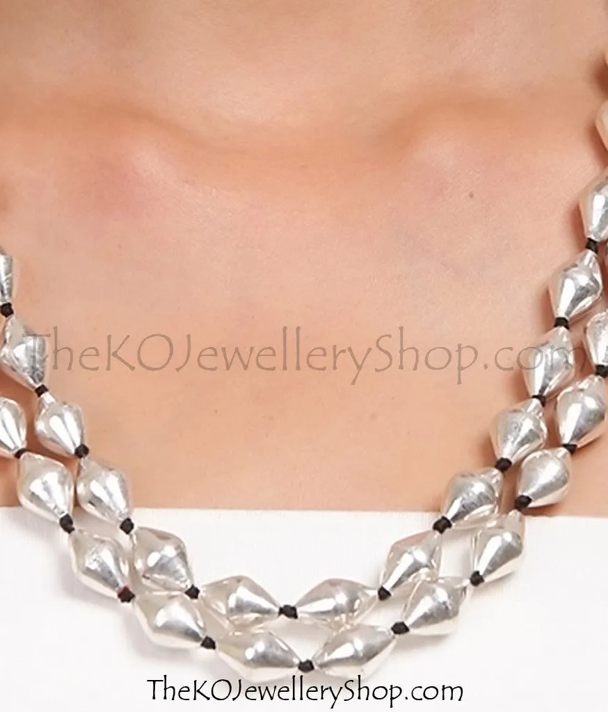 The Silver Dholki Beads Necklace(2 line-short)