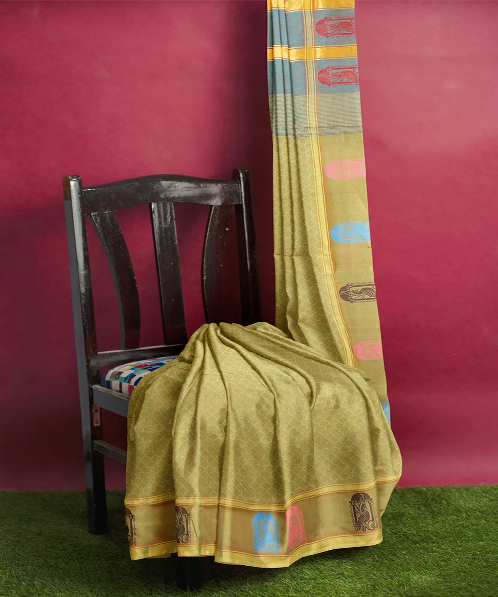 Tobacco green plain butta handwoven rajahmundry cotton saree