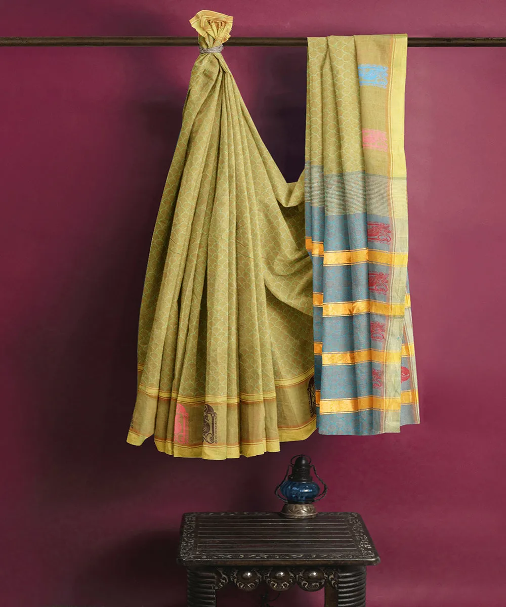 Tobacco green plain butta handwoven rajahmundry cotton saree