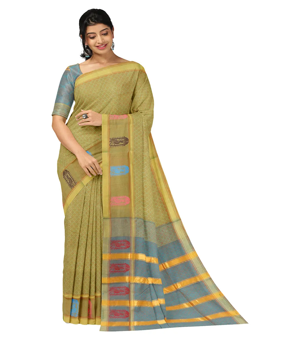 Tobacco green plain butta handwoven rajahmundry cotton saree