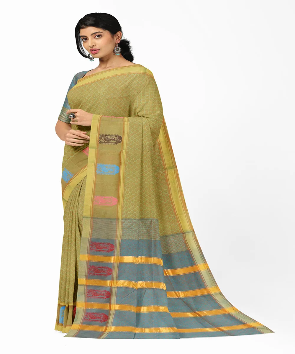 Tobacco green plain butta handwoven rajahmundry cotton saree