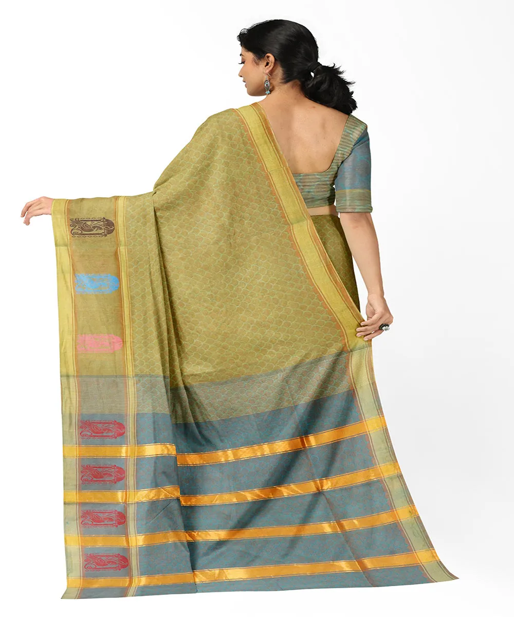 Tobacco green plain butta handwoven rajahmundry cotton saree