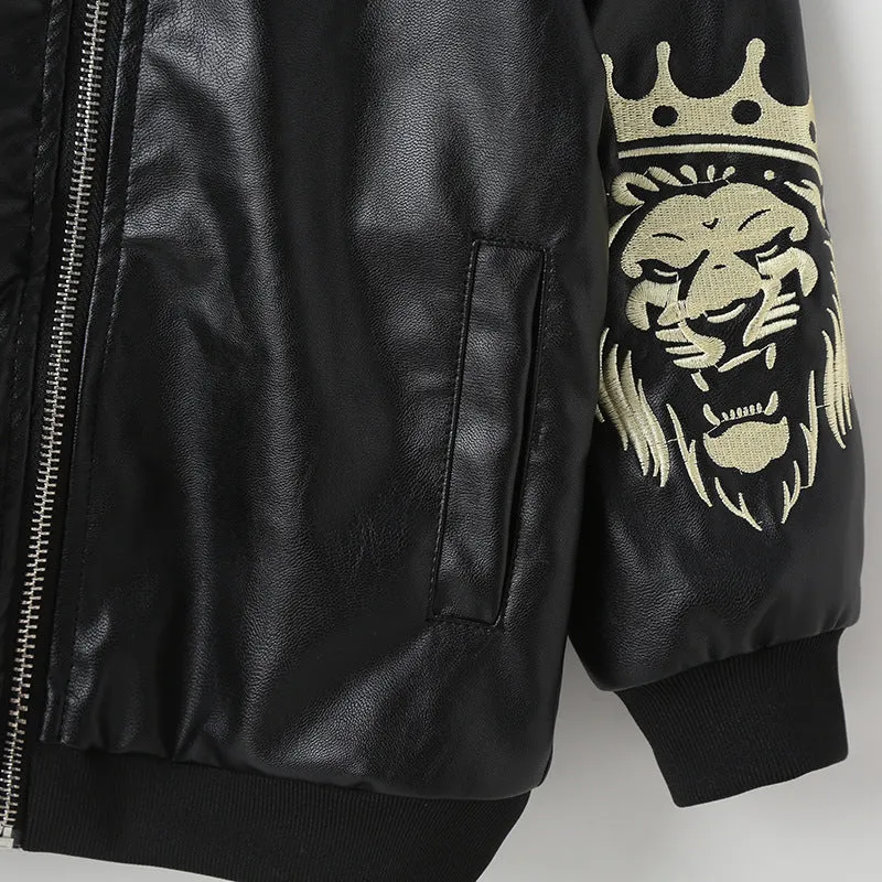 Toddler Kids Boys Solid Color Lion Print PU Leather Jacket Jacket