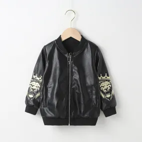 Toddler Kids Boys Solid Color Lion Print PU Leather Jacket Jacket