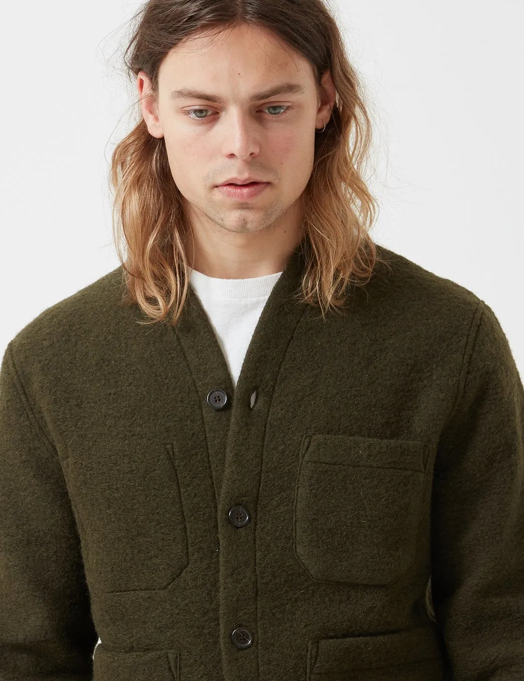 Universal Works Cardigan (Wool Fleece) - Olive Green