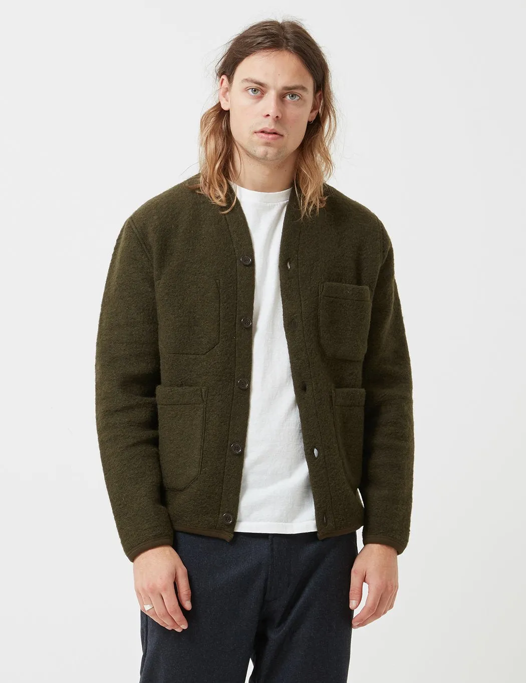 Universal Works Cardigan (Wool Fleece) - Olive Green