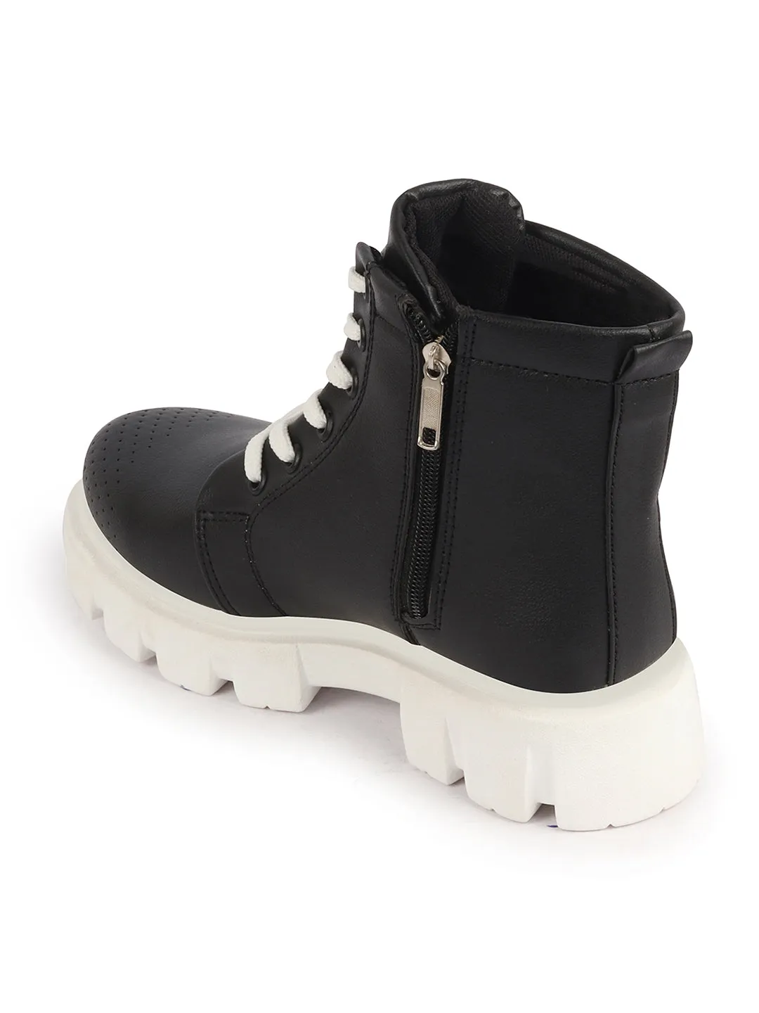 Women Black Outdoor Winter High Top Chunky Lace Up Casual Boots