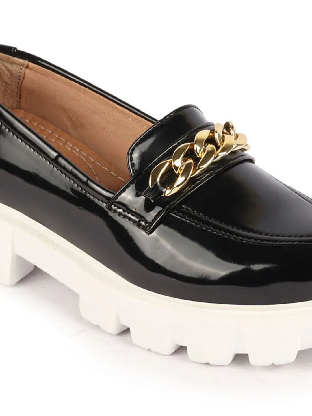 Women Black Patent Leather Shiny Chain Buckle Classic Casual Slip On Loafer Shoes