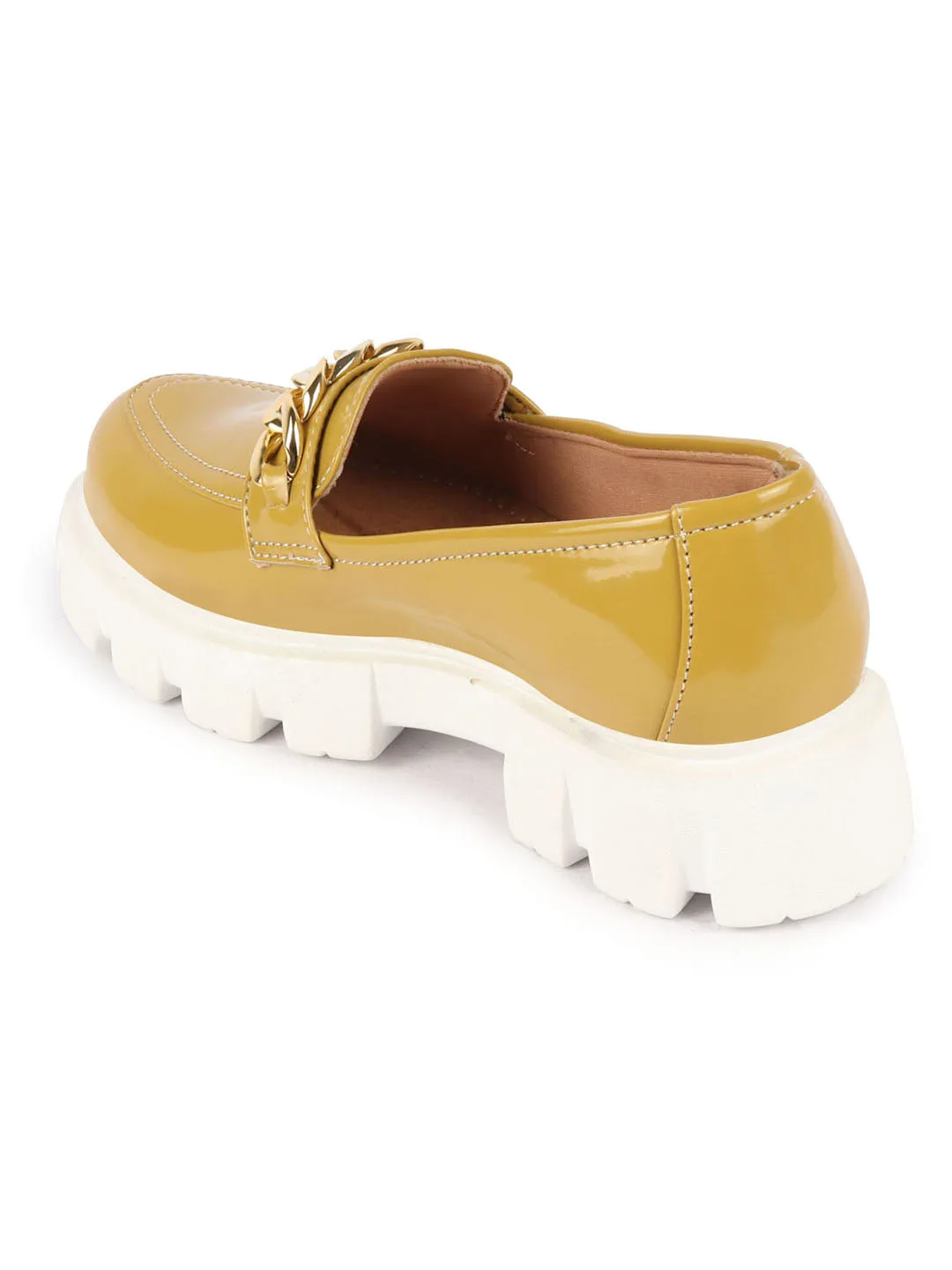 Women Mustard Patent Leather Shiny Chain Buckle Classic Casual Slip On Loafer Shoes