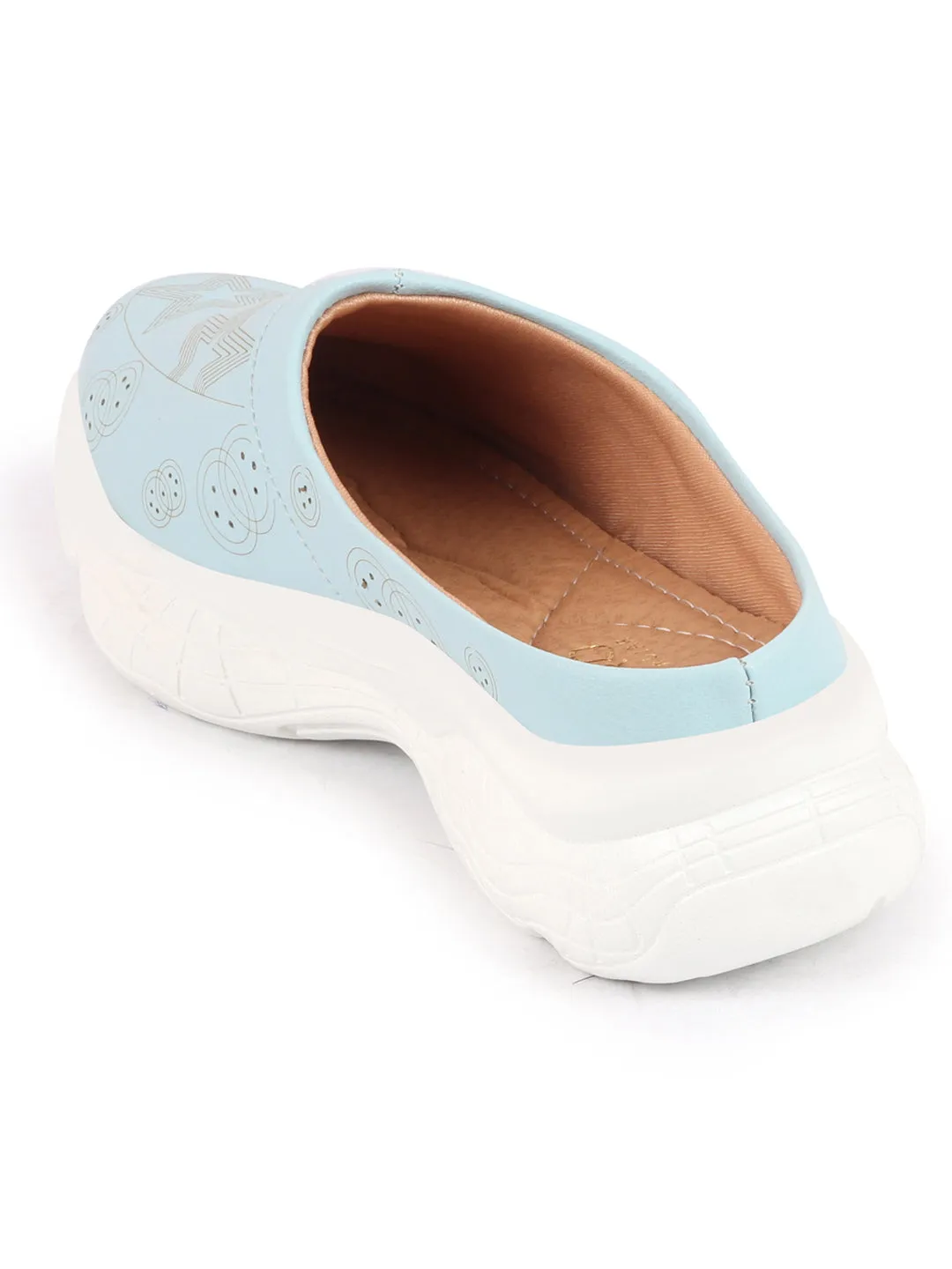 Women Sky Blue Laser Cut Star Design Back Open Slip-On Mules Shoes