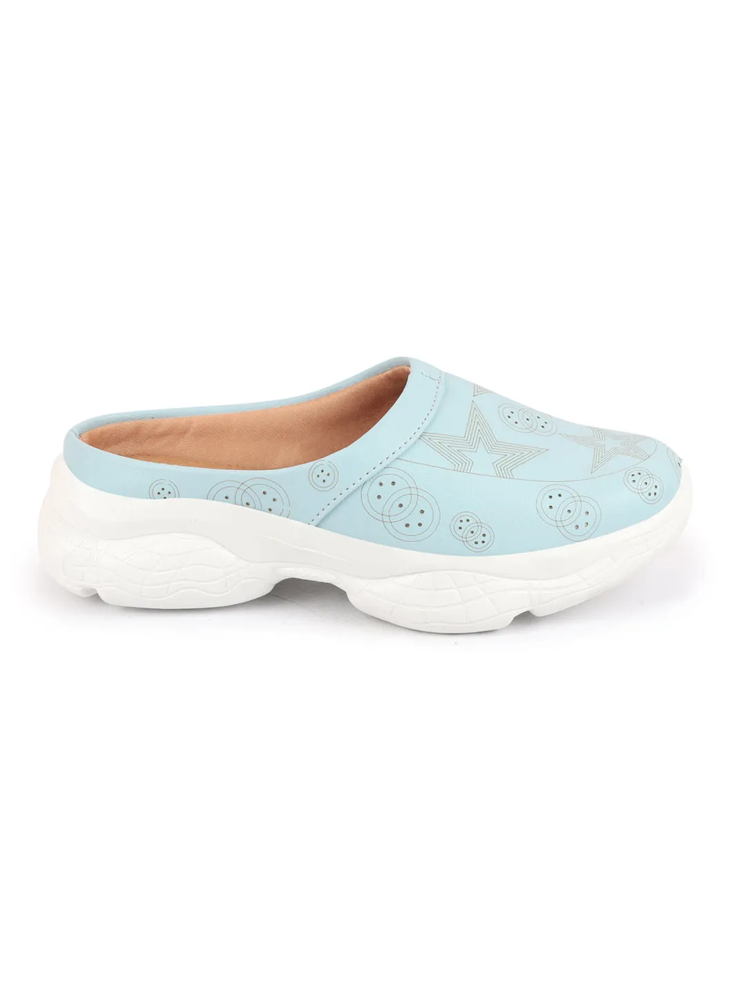 Women Sky Blue Laser Cut Star Design Back Open Slip-On Mules Shoes