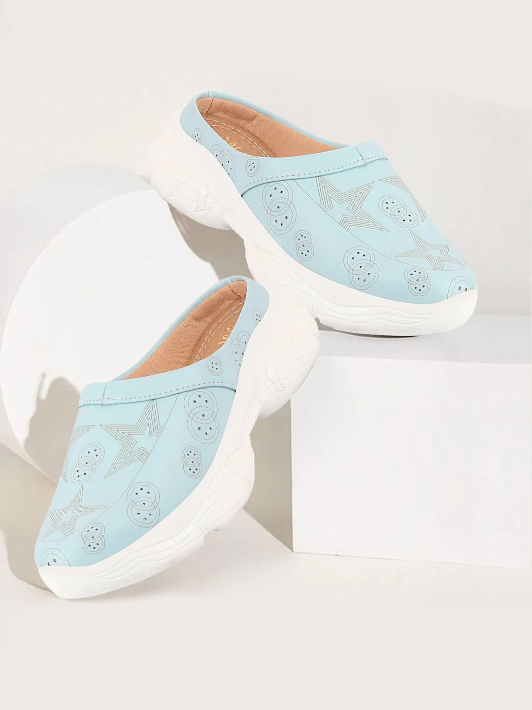 Women Sky Blue Laser Cut Star Design Back Open Slip-On Mules Shoes