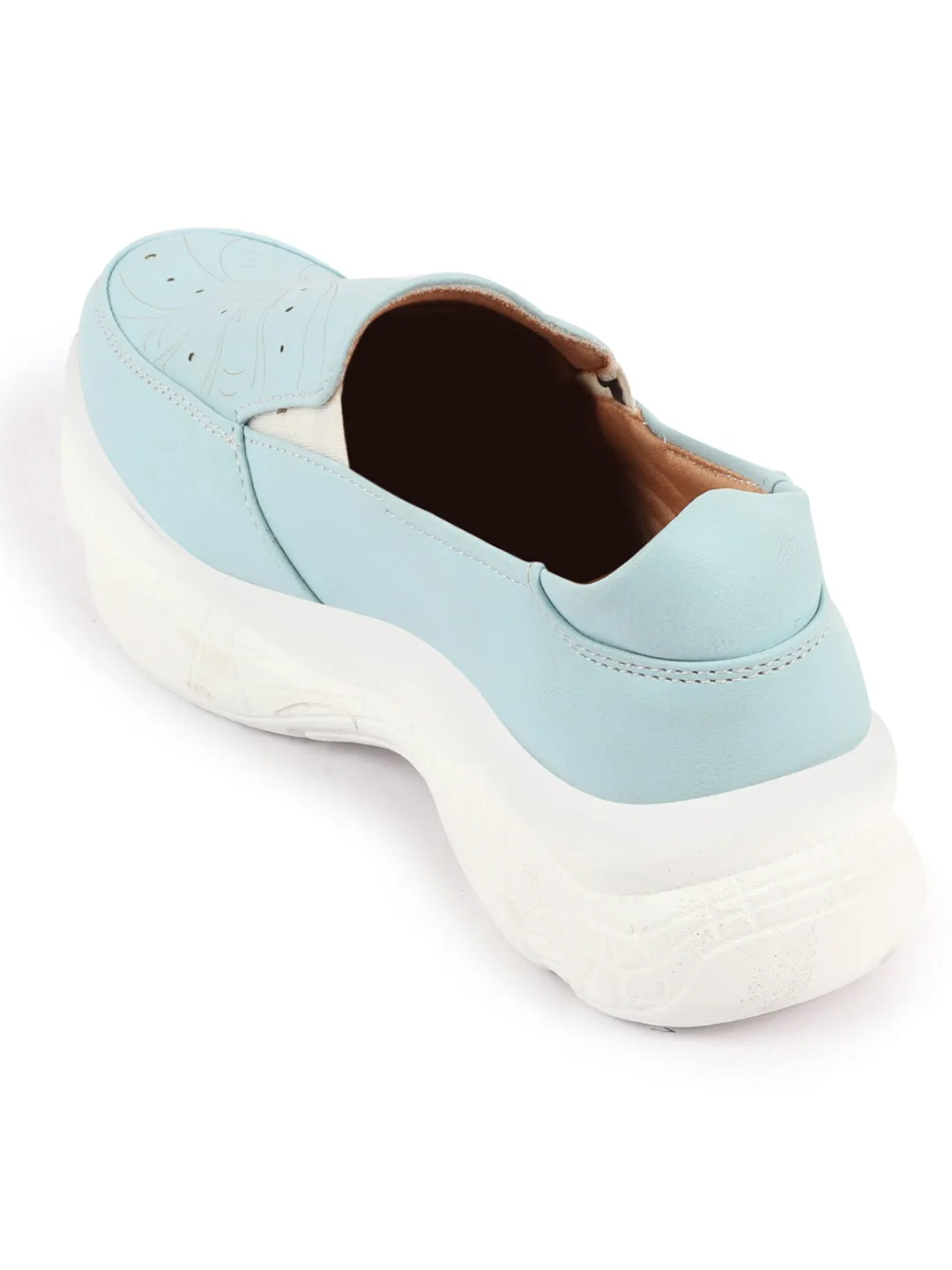 Women Sky Blue Printed Design Stitched Comfort Slip On Sneaker Shoes