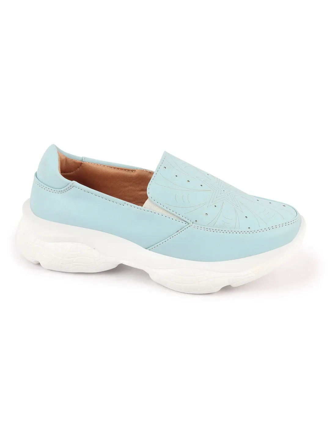 Women Sky Blue Printed Design Stitched Comfort Slip On Sneaker Shoes