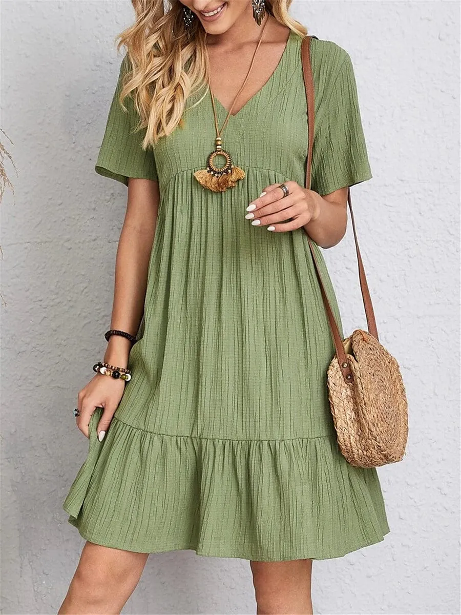 Women's Sleeveless Shift Dress with Ruffle V Neck